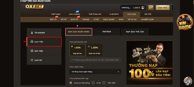Hướng dẫn nạp tiền nhanh chóng vào tài khoản nhà cái Oxbet
