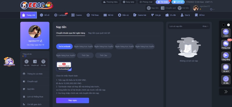 Gửi tiền tại nhà cái đơn giản, nhanh chóng vài phút là hoàn thành