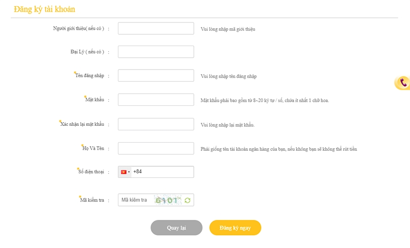 Đăng ký tài khoản VX88 Esball cần điền thông tin đầy đủ