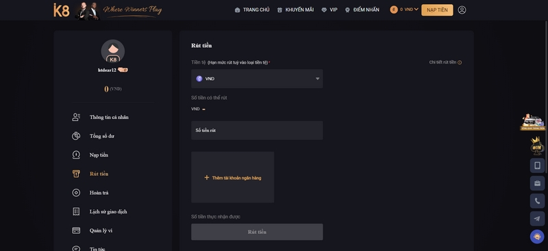 Hướng dẫn chi tiết các bước để người chơi rút tiền từ K8