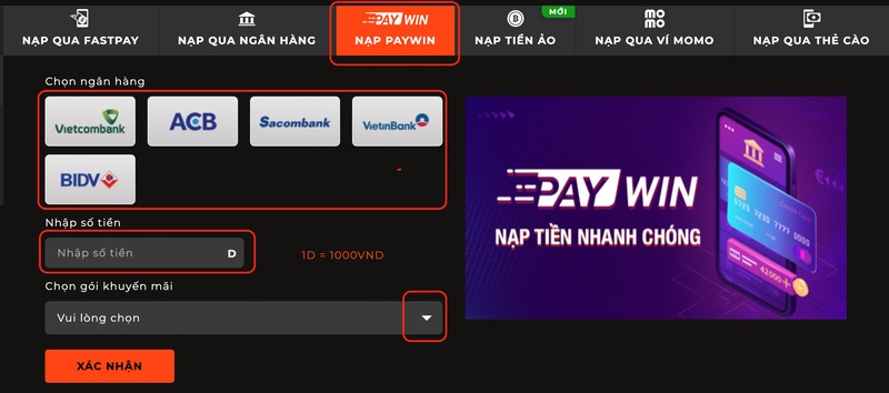 Nạp tiền SV88 thông qua hình thức Paywin với 3 bước tiện lợi