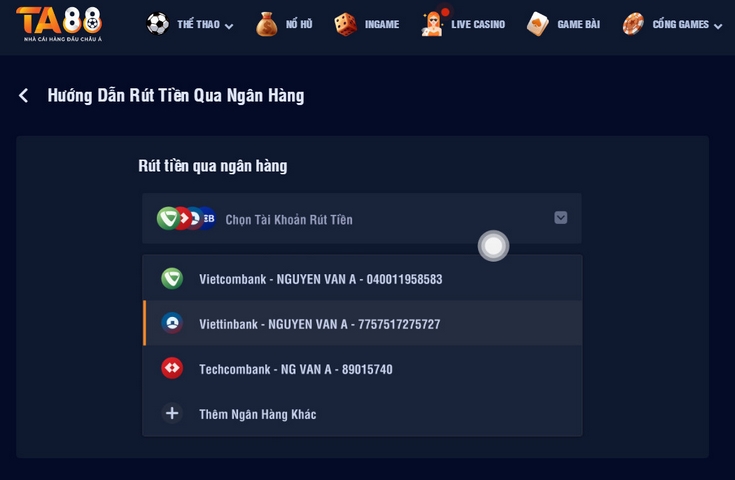 Rút tiền TA88 về ngân hàng nhanh, tiện lợi với 3 bước
