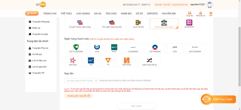 Nạp tiền VT999 thông qua hình thức thanh toán trực tuyến qua ngân hàng