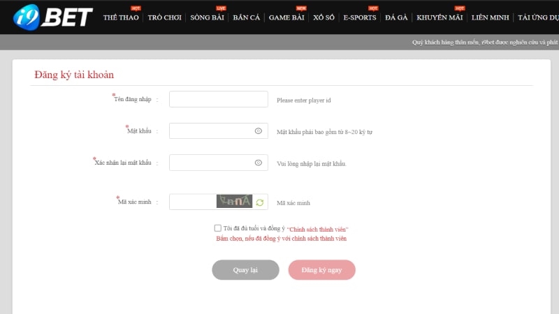 Xác minh thông tin và hoàn tất thủ tục đăng ký I9bet khi điền xong các mục